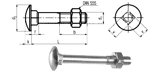 DIN 603亩 - 带六角螺母尺寸的托架螺栓